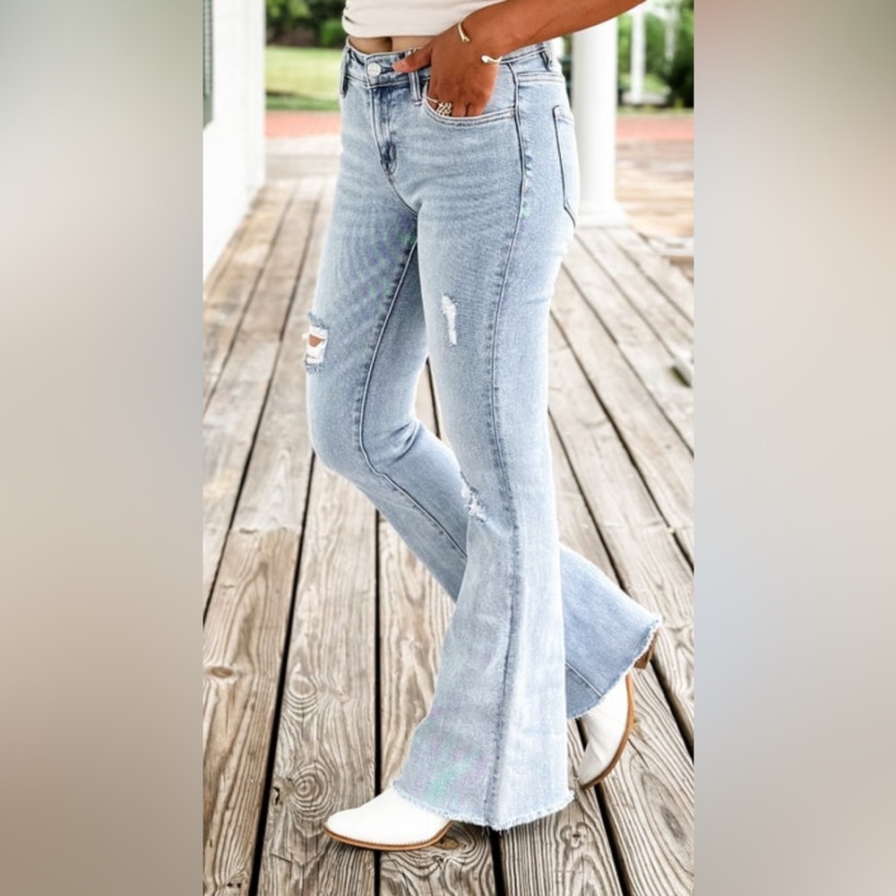 Bayeas Light Wash Mid Rise Distressed Flare Jeans Size 31” but Measures 36”